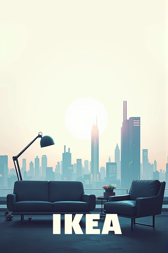  A minimalistic design with a bright ,  clear background .  A gloomy ,  futuristic cityscape serves as a backdrop ,  overlaid by stylized Ikea furniture .  The title is in the typical Ikea font .