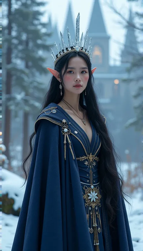 Woman with an ice tiara on her head and a navy blue winter cloak with golden details, snowflake brooch.  long black hair . queen of winter, elf princess, retrato de uma elf queen, elf queen, winter princess, uma elf queen, Artgerm on ArtStation Pixiv, bela...