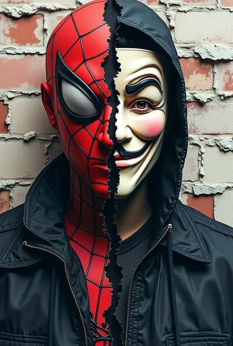 torn paper,colorful,impasto,open zipper  as a separator between the two pieces of paper and the paper is divided into two parts with open zipper style , gay fawkes spider man his face is divided into two parts,separate face parts  ,wearing black jacket,abt...