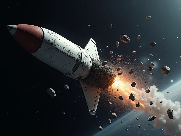 A rocket in outer space collides with a small meteorite, causing it to be damaged and the inventory to fall out