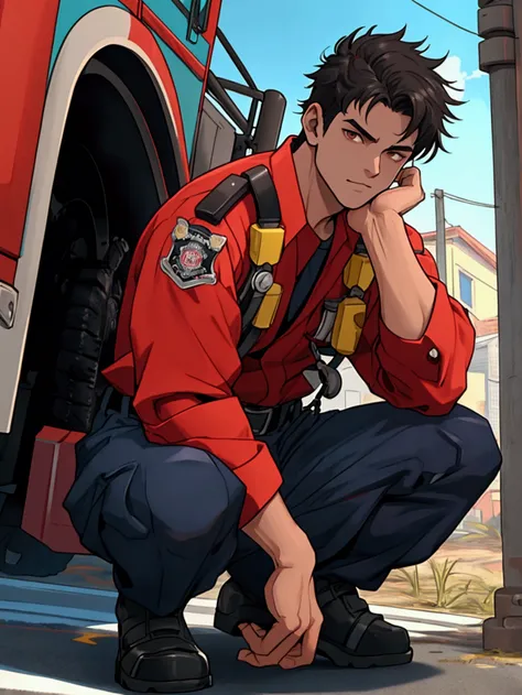 man 21 years, fireman, firefighter, anime boy, defined body , white pele,  brown eyes,  short black hair ,  short hair preto, Abdomen the show,  full body , he is crouching, cenário centro dos firemans, Illuminated scenario, Blue sky in the background, uni...