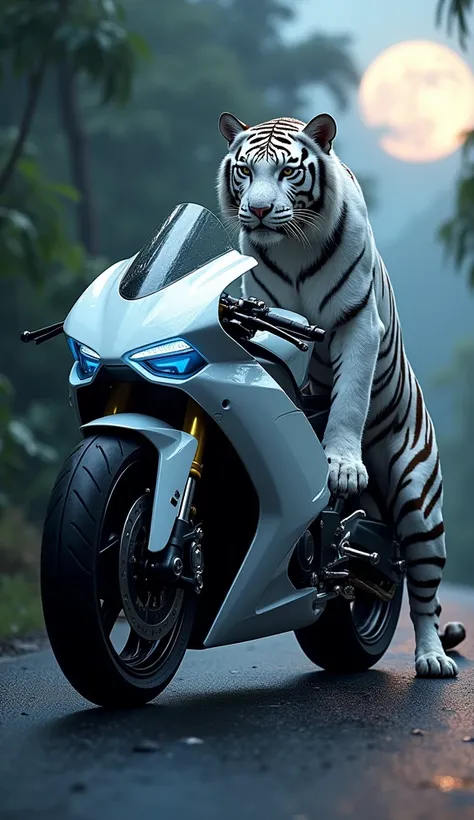 "Create a hyper-realistic depiction of a cutting-edge motorcycle inspired by the white tiger. The bike is a masterpiece of engineering and design, seamlessly incorporating the tigers distinctive features into its structure. The sleek white body of the bike...