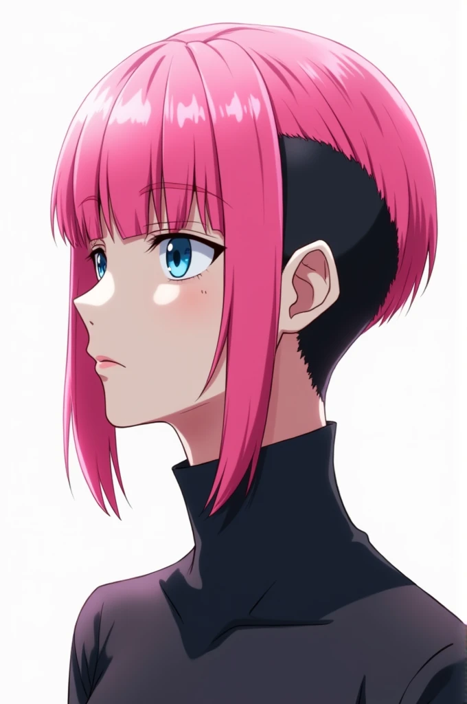 
"A anime male with a unique hairstyle. The front features long, straight pink bangs, The back of the head has a sharp, short undercut that is jet black, contrasting with the bright pink bangs. The mannequin is featureless and placed against a plain white ...