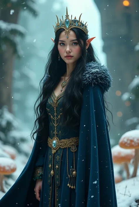 Woman with an ice tiara on her head and a navy blue winter cloak with golden details, snowflake brooch.  long black hair . queen of winter,  princess, retrato de uma elf queen, queen, winter princess, uma queen, Artgerm on ArtStation Pixiv, bela e elegante...