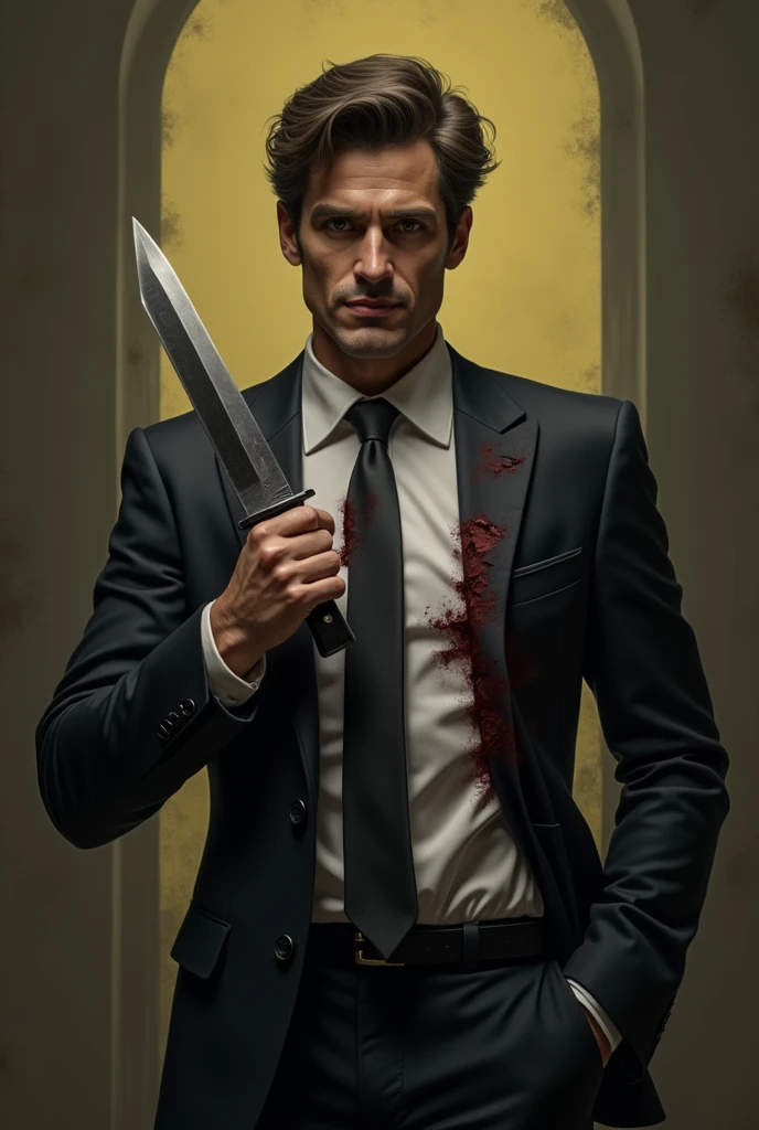  suit , smiling face , man , torn wound , knife ,  suit , yellow , black