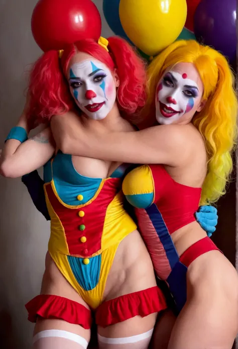 (clown porn) Sexy lesbian clowns (cute, amazing butt, clown makeup), they are hugged up to each other, smashing handfuls of cake on each other and sensually feeding each other cake