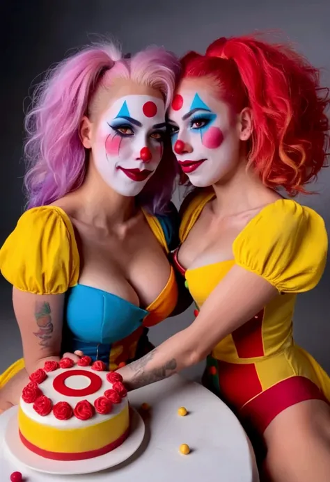 (clown porn) Sexy lesbian clowns (cute, amazing butt, clown makeup), they are hugged up to each other, smashing handfuls of cake on each other and sensually feeding each other cake