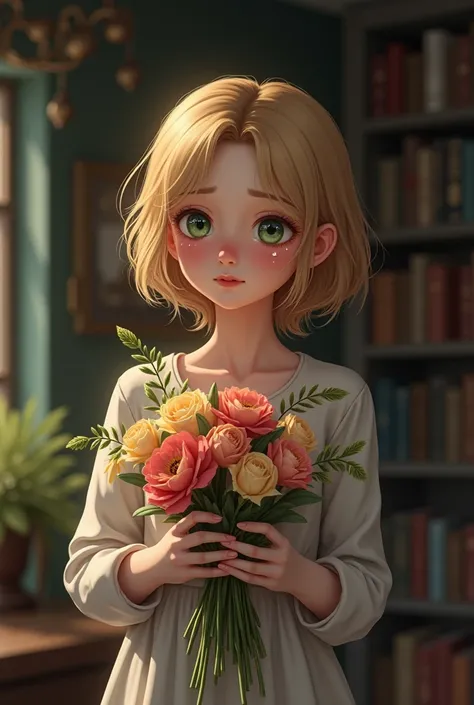 An image of a blond woman ofering flowers to someone in, green eyes, tears in her eyes but a smile of gratitute. In a room full of books