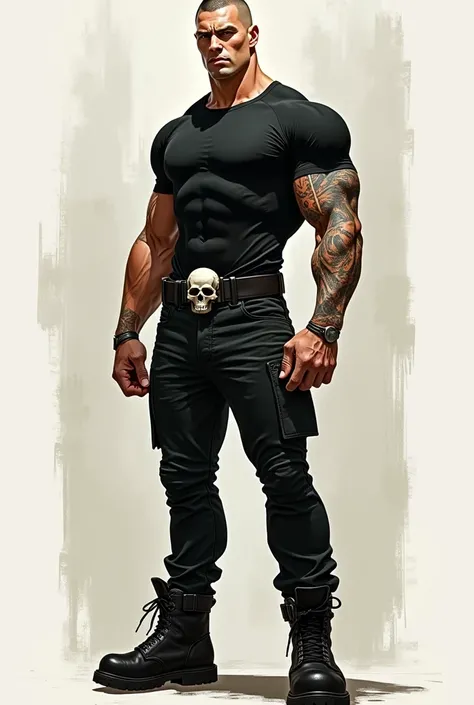 a guy who’s tall, lean muscular, has black hair but a buzz cut and a tattooed sleeve. he’s wearing a black compression tshirt, skull belt, black pants and black boots. DAN MORA’S ARTSTYLE.