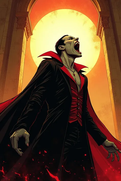  The vampire reveals his fangs ,  getting sunburned , Quadriños  da Marvel,  Stunning illusions , vampirecore,  flawless lines ,  made of fog , Quadriños ,  wild and brave , Shot at 70 mm.,  dark gold and red ,  Detailed costumes,  The Chiaroscuro domain ,...