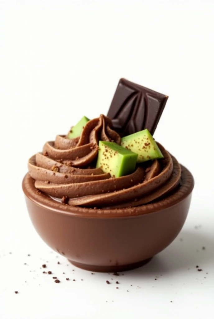   make a picture in png : dessert chocolate mousse with avocado.  let it look realistic and consistent with the description. the background must be white so that you can crop the picture  