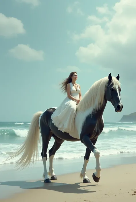 Create a Realistic Scene A huge white and black horse girdling gently on the beach sand with a woman in flowing clothes riding happily set against the background of a bow - go in the cloudy blue sky  