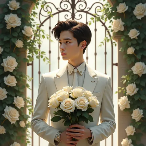 Background: Gate of roses
Young man holding white roses in white pormal suits while facing on the left side with her body