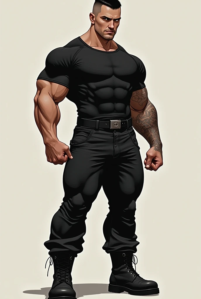 a guy who’s tall, muscular (but not weirdly bulky), has black hair but a buzz cut and a tattooed sleeve. he’s wearing a black compression tshirt, a black belt, black pants and black boots. DAN MORA’S ARTSTYLE. he’s in his 20s