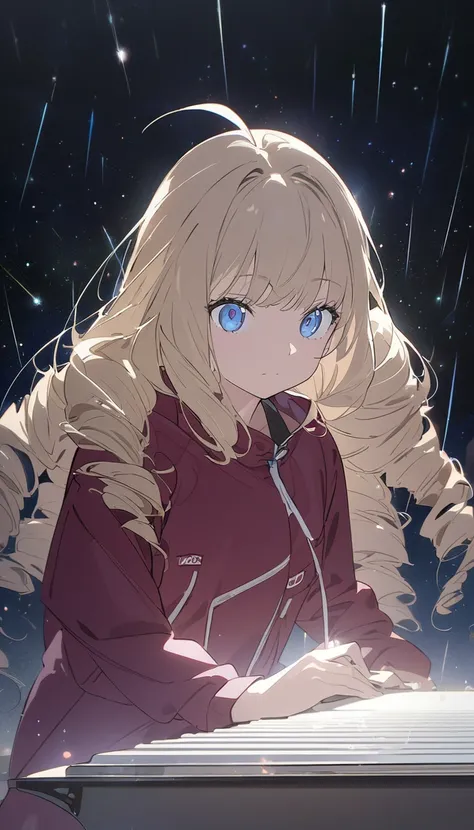 woman、blonde、Long Hair、Drill Hair、Ahoge、 blue eyes、slant eyes, narrow eyes、 Maroon Sportswear 、 Maroon Sportswear のパンツ、 black headphones 、 playing a white grand piano 、in the grassland, with shooting stars, at night、anime、Illustration、 best quality、 master...