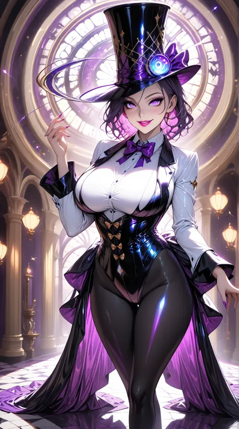  1 mature beautiful woman ,( best quality, very detailed depiction, incredibly absurd high definition,Curvaceous Body),(A bewitching woman is dressed as a magician:1.3),( magician costume , tuxedo, white shirt,Bow tie,Top Hat:1.3, leotard,latex, black tigh...