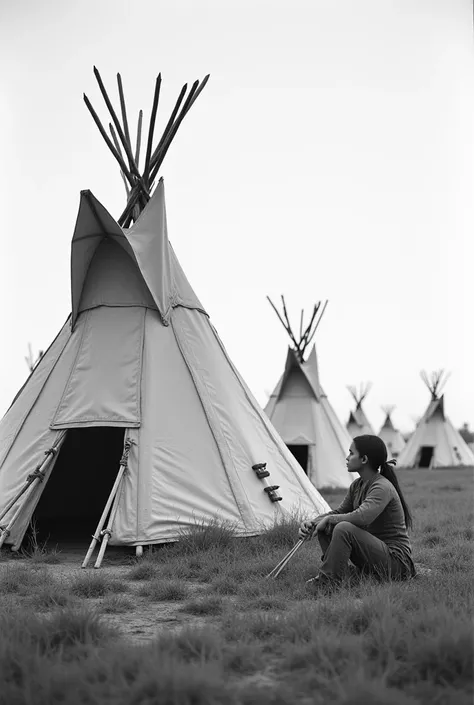 A Sioux Indian camp on a plain with a teepee in the foreground and a young American Indian girl sitting at the entrance to the teepee in the 1800s, realistic, side view, full, detailed black and white image. 