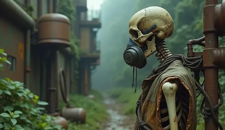 In a post-apocalyptic world, a weathered skeleton, clad in a faded respiratory mask, stands as a haunting reminder of humanitys struggles. Surrounded by overgrown foliage and remnants of technology, it is tethered to a rusty machine, hinting at a forgotten...