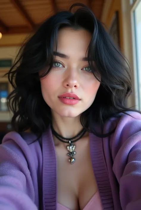 Jeannes cowboy-style selfie shows her with black hair, blue eyes, and pale skin. She is wearing a purple cardigan and pink lipstick, as seen in her Instagram profile photo