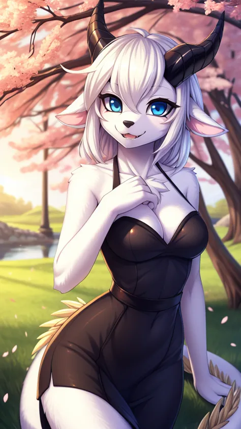 By zinfyu,by twistedscarlet60, uploaded on pixiv, by fluff-kevlar, solo female, female anthro dragon,(masterpiece), (best quality), (solo female:1.2), (extremely detailed:1.3), Sharp:1.2, (detailed eye,blue eye),BREAK, Buster whelp, from yu-gi-oh, asian facial, canine mouth, white hair, white fur, detailed fur, fluffy fur, beautiful face, black nose, white, white body, small breast, golden horn, perfect figure beautiful woman:1.4, Hourglass body:1.2, tail,slim, beautiful eye, long eyelashes, View on viewer, closeup, (dragon tail:1.1), close view, closeup photo of buster whelp, mature woman ,shy face, looking on viewer, focus on face, in japan, sakura tree, sakura tree as background, wear black dress, :3 mouth