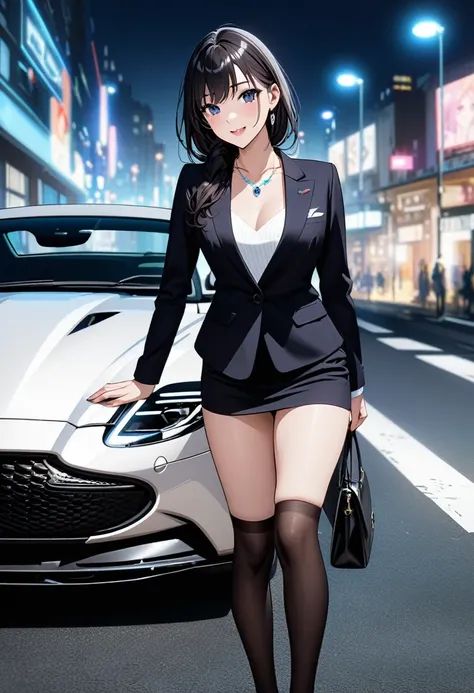  best quality、Ultra-precision、Detailed drawing、 vibrant colors、Beautiful girl 、alone、Age 30、Accurate facial depiction、Night road、Blue streetlight 、white Aston Martin DB11、 leaning against the hood、 black business suit 、 miniskirt that snaps around the knee...