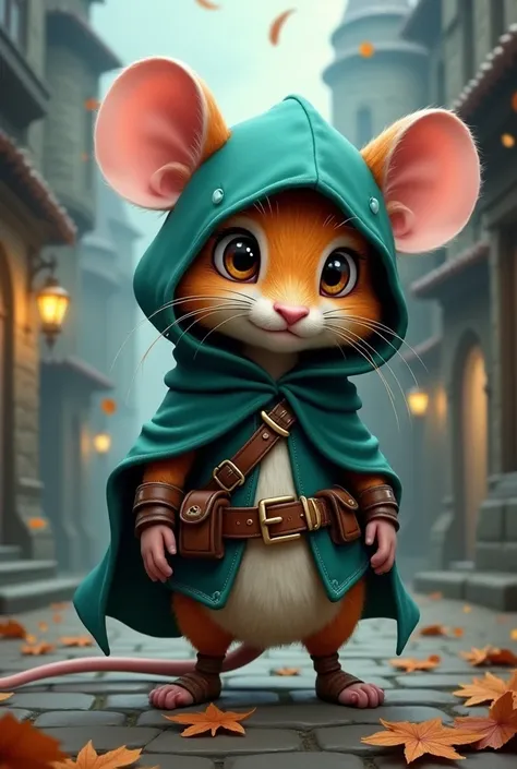 A whimsical anthropomorphic mouse character wearing a teal hooded cloak and leather adventurer gear, detailed and textured fur, expressive eyes, surrounded by a mystical medieval town environment with cobblestone streets, overcast lighting, autumn leaves s...