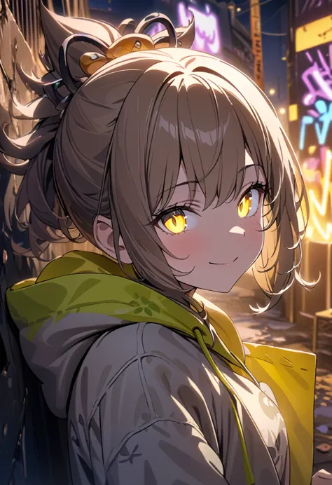 masterpiece,  best quality, 8k, detailed background, masterpiece,  best quality, smile,  ornament with yam,  HOODIE, Portraiture, Neon Yellow, graffiti, dark, night, Shining Eyes,  Black Light,Evening Shrine