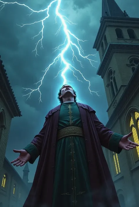 The priest was killed instantly after being struck by lightning after being pierced by a falling lightning rod in front of a church where he had gone to escape a sudden rainstorm.