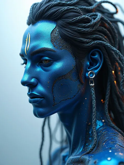 Cyborg lord Shiva portrait, hyper-realistic holographic blue metallic skin, glitter accents, circuits glowing, crescent moon and tilak illuminated softly, liquid mercury textures melting humanoid forms into metallic crochet designs, metallic dreadlocks shi...