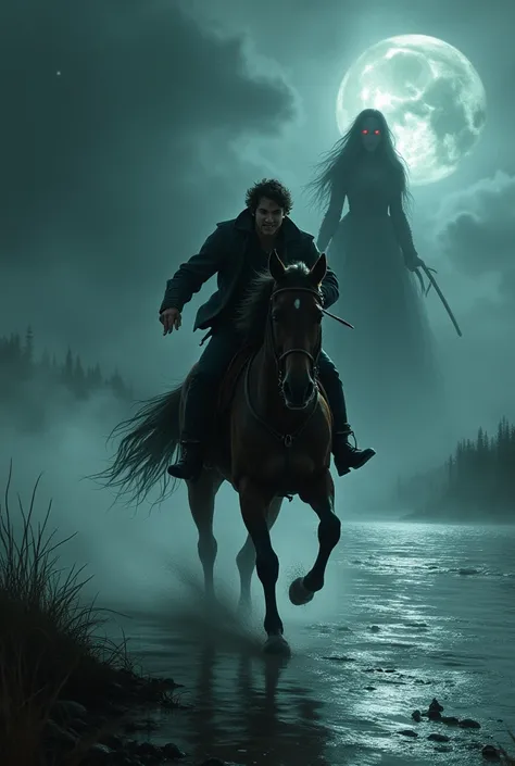 The young man galloped in fear on the shore of the black lake while from the rear the ghost of the spooky red-eyed woman chased after him