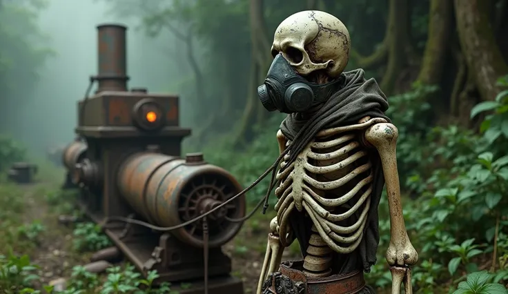 In a post-apocalyptic world, a weathered skeleton, clad in a faded respiratory mask, stands as a haunting reminder of humanitys struggles. Surrounded by overgrown foliage and remnants of technology, it is tethered to a rusty machine, hinting at a forgotten...