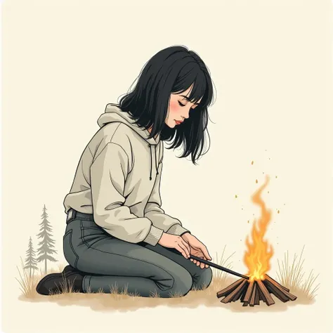  minimalism portrait from life .  natural proportions are not an anime .  sketch of a dark-haired girl with a black brush. medium hair length. nice light background .  kneeling in nature takes care of the fire. There is grass around, pine trees in the back...