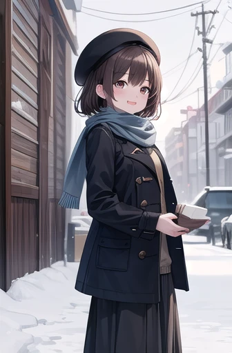 Solo Girl, 20 years old, Medium Hair ,  dark brown hair ,  Brown Eyes , medium breast,  happy ,pea coat,beret,Fluffy scarf, maxi skirt  ,Outdoor, winter,snow,  best quality,  high definition ,  very detailed ,  detailed background,  perfect lighting, big c...