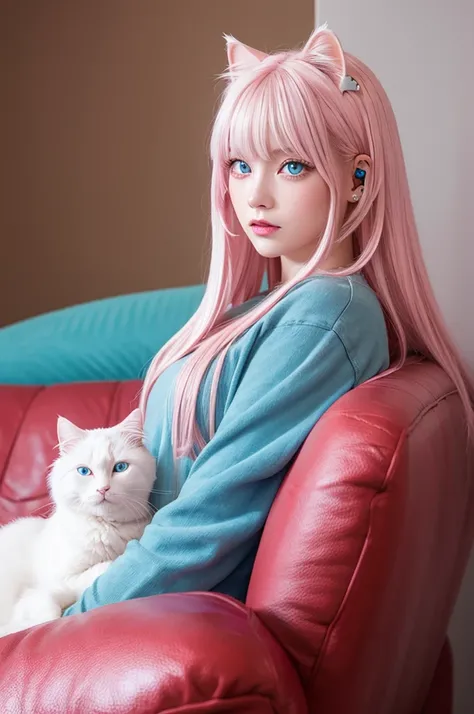 sitting on a red leather sofa　Long white hair　Cat ear　Light blue eyes with heart-shaped highlights(Pink)