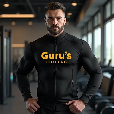 generate  a real time men picture in black tracksuit and name written on tracksuit is Gurus Clothing as  a logo text color will be mustard in gym