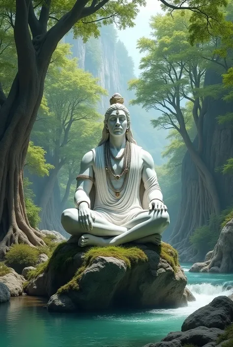 White statue of shiva with trident, sitting in meditation on rock  and green transparent River and 6 big alpine trees their roots touching river and mountain