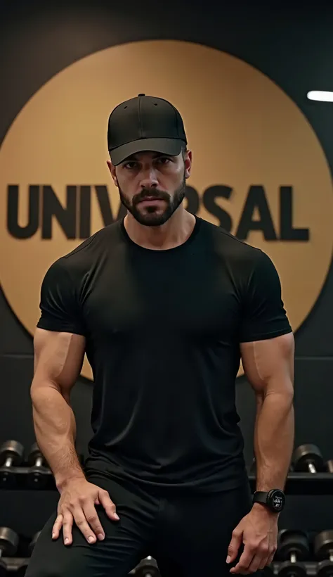 " A man with Armenian features , in a simple :  style, he is wearing a black ,  emphasizing his pumped up body ,  and a black cap with a sharp visor ,  like in the style from the movie Peaky Blinders .  He stands in the gym with a serious and confident exp...