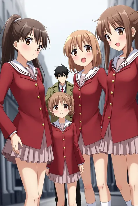 4 girl wearing red uniform and 1 boy wearing coat 