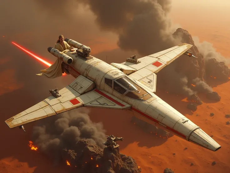 Obi-wans glider destroys burning areas around the ship on the ground on Naboo, damaged, 