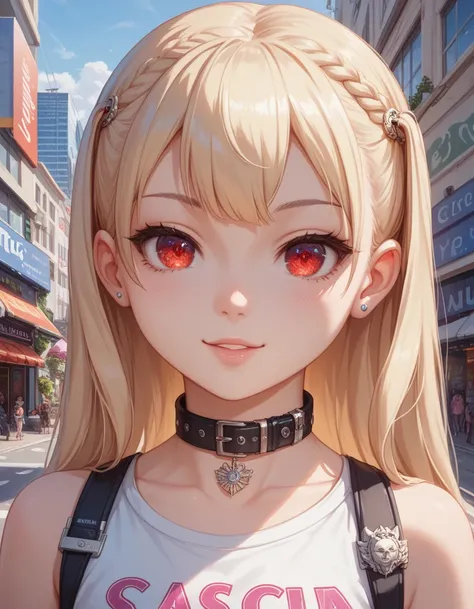  score_9, score_8_up, score_7_up, sauce_Anime,masterpiece, best quality, super detailed eyes ,Advanced Details,(close-up),
 1 girl,cute_face,thin, smaller,Girly figure,poor_ statue , smaller_breast,Blonde, shorthair ,Red eyes,Black collar,
like々New design,...