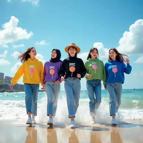 showing 5  beautiful korean woman, hijab phasmina wearing a kaptan dress logo text pec, , yellow, blue, purple, black, and green,,lollipop pattern, long jeans white, white sneakers, casual hat, standing and running on a sandy beach, a few waves washing ove...