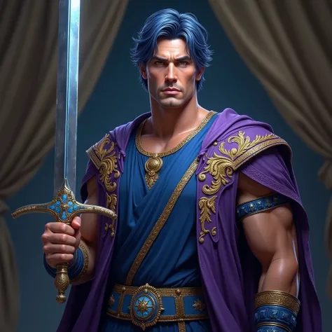 The Reincarnation of Constantine the Great 。Elegant men, 20th Generation,  mature man,Metallic blue hair。, Short straight hair,  neck-length hair , Golden Eyes, Tall。Pompidou々。Blue tunic, purple toga with intricate gold thread embroidery on it。Blue-purple ...