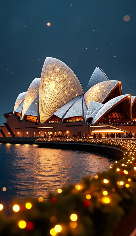 An ultra-realistic Christmas version of the Sydney Opera House, captured in a vertical 9:16 aspect ratio. This version features the iconic sails adorned with elegant golden and silver lights forming patterns of stars and snowflakes. A row of Christmas wrea...