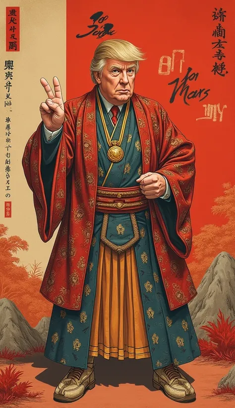  Ukiyo-e type painting, Ancient Japanese Woodblock Prints, Vermilion , Sigh,  full body, President Trump dresses up as a Kabuki actor、Making a V sign、 English letter "Go to Mars"He says