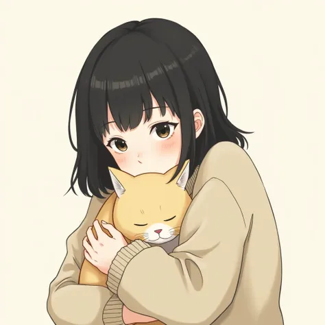  minimalism portrait from life .  natural proportions are not an anime .  sketch of a dark-haired girl with a black brush. medium hair length. nice light background . hugs her blonde cat in her arms