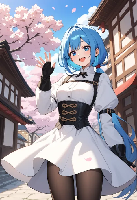  score_9,  score_8_up,  score_7_up,  score_6_up,  score_5_up,  score_4_up, sauce_Anime, Amelie , Long Hair,  low ponytail ,  blue hair,  blue eyes,  white dress ,  Long Sleeve , Fingerless gloves,  Black Gloves ,  underbust,  black pantyhose, town,  puts h...