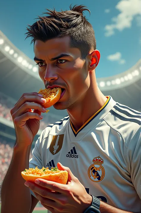 Cristiano Ronaldo in the Real Madrid shirt eats Gibbs Liz