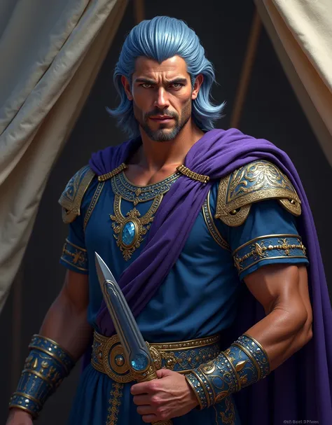 The Reincarnation of Constantine the Great 。Elegant men, 20th Generation,  mature man,Metallic blue hair。, Short straight hair,  neck-length hair , Golden Eyes, Tall。Pompidou々。Blue tunic, purple toga with intricate gold thread embroidery on it。Blue-purple ...