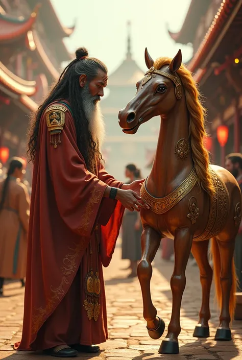 A ultra HD, very clear 4k quality realistic and cinematic seen""The divine wooden horse accompanying Sage Sumeru towering mystical finger with long deadlock, a flowing beard, sacred face marking adorned with spiritual trinkets.The wooden horse is majestic,...