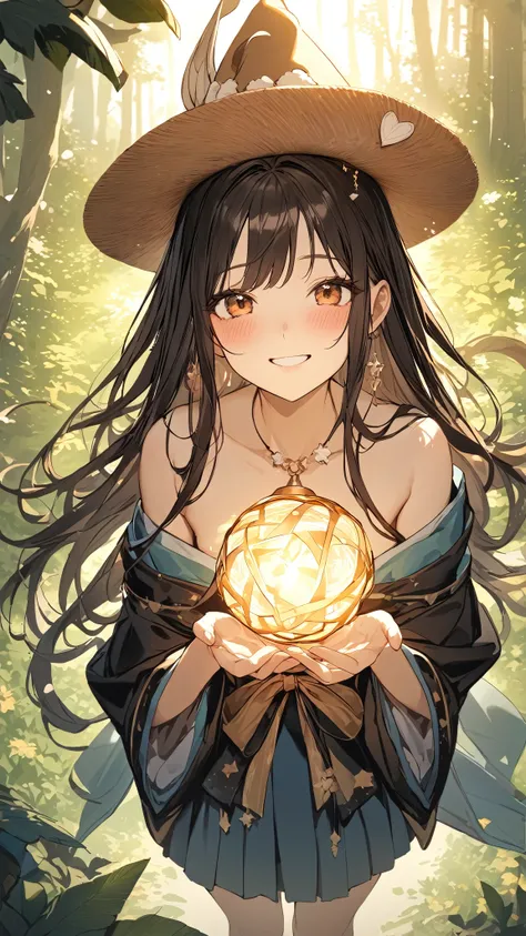 1 girl, ( cute face),  long hair, to many hairstyle, (blush:1.3), Happy smile,  small breasts,  Wizards Robe , Delicate skin,  Lots of Magical Items, cowboy shots,  break,  soft light , (Warm Light:1.2), (Atmosphere of Love :1.3), break,  magical forest , ...